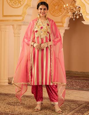 Pink tusser silk 3 piece suit set 1