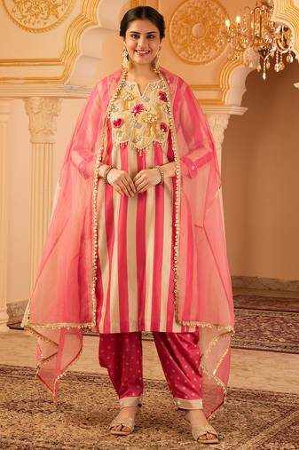 Pink tusser silk 3 piece suit set