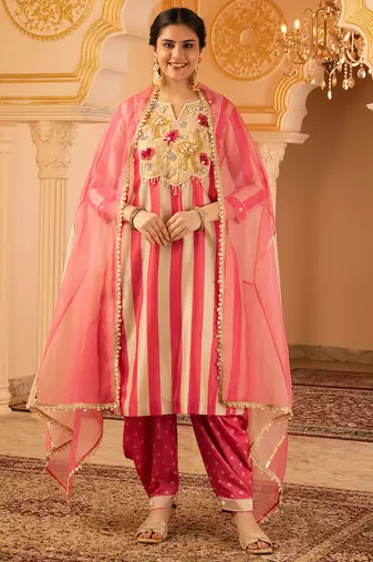 Pink tusser silk 3 piece suit set
