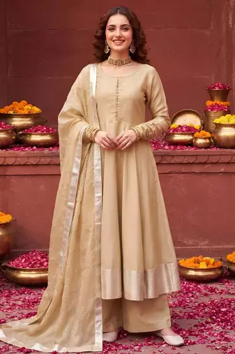 Beige hand embroidered silk blend kurta set