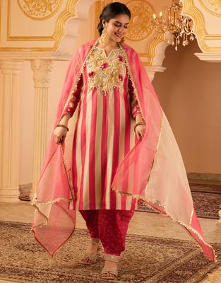 Pink tusser silk 3 piece suit set 2