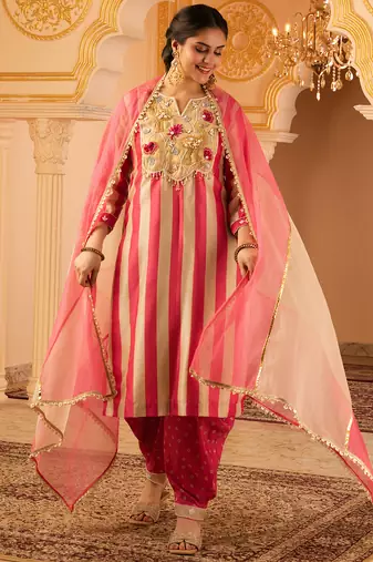 Pink tusser silk 3 piece suit set