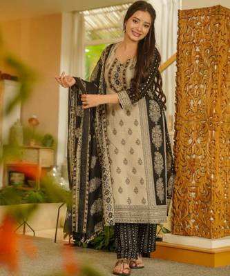 Beige cotton poly printed kurta set 1