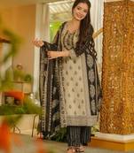 Beige cotton poly printed kurta set