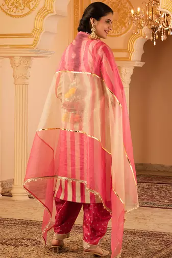 Pink tusser silk 3 piece suit set