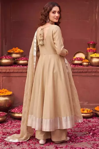 Beige hand embroidered silk blend kurta set
