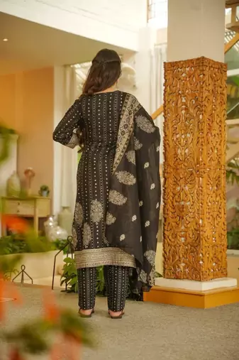 Beige cotton poly printed kurta set