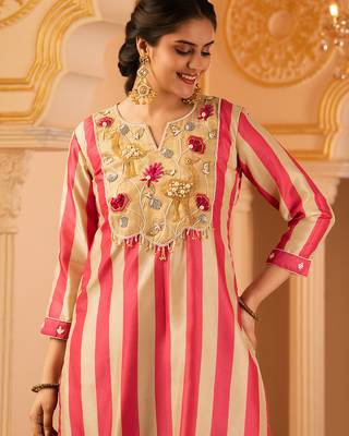 Pink tusser silk 3 piece suit set 4