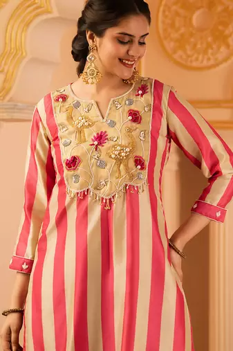 Pink tusser silk 3 piece suit set