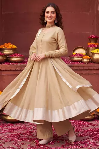 Beige hand embroidered silk blend kurta set
