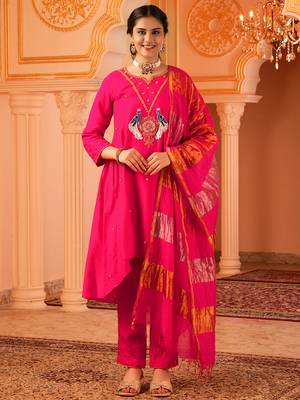 Peacock love fuschia pink a-shape mul chanderi 3 piece suit set 1