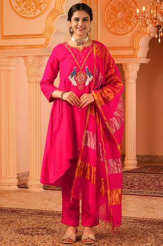 Peacock love fuschia pink a-shape mul chanderi 3 piece suit set