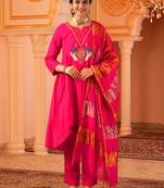 Peacock love fuschia pink a-shape mul chanderi 3 piece suit set