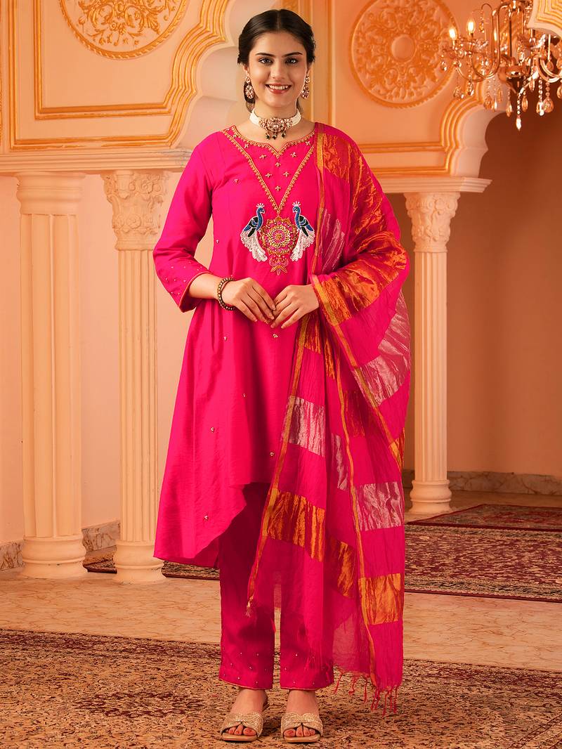 Peacock love fuschia pink a-shape mul chanderi 3 piece suit set