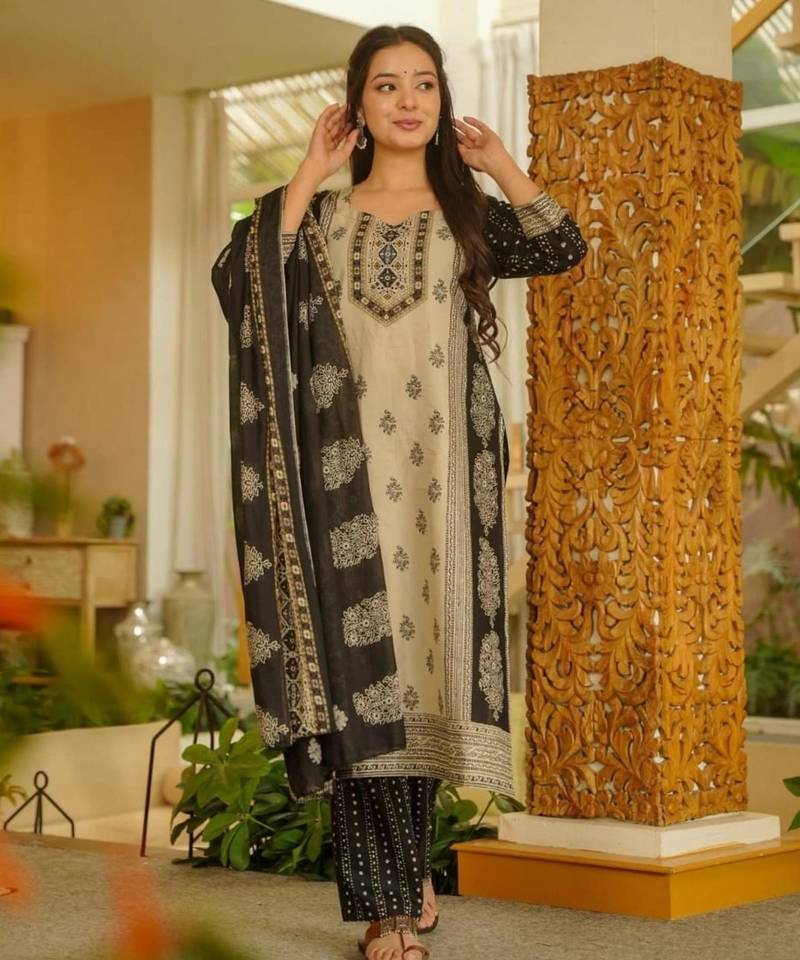 Beige cotton poly printed kurta set