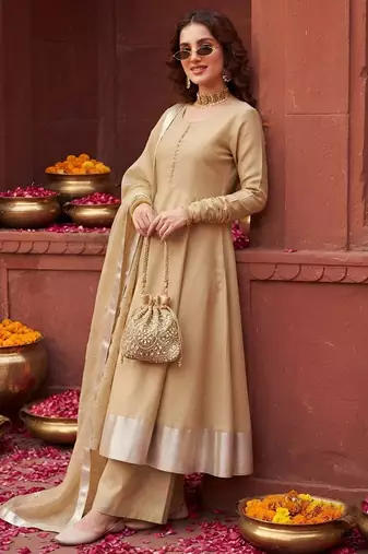 Beige hand embroidered silk blend kurta set