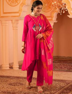 Peacock love fuschia pink a-shape mul chanderi 3 piece suit set 2