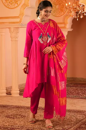 Peacock love fuschia pink a-shape mul chanderi 3 piece suit set