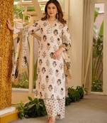 Cream cotton poly printed kurta set