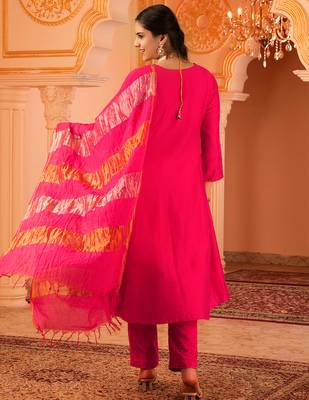 Peacock love fuschia pink a-shape mul chanderi 3 piece suit set 3
