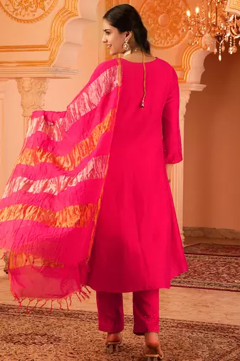 Peacock love fuschia pink a-shape mul chanderi 3 piece suit set