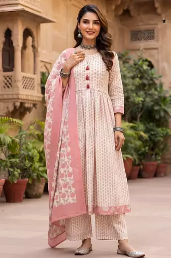 Off white floral printed cotton kurta set