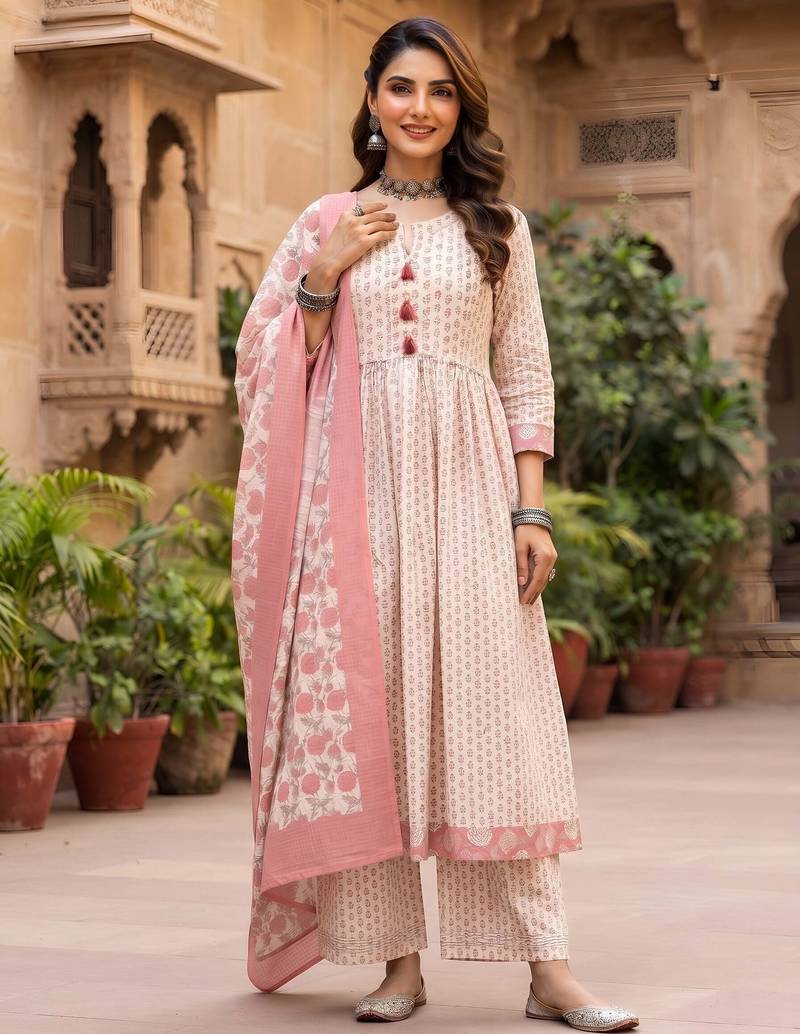 Off white floral printed cotton kurta set
