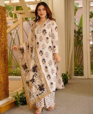 Cream cotton poly printed kurta set 2