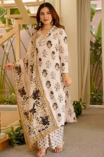 Cream cotton poly printed kurta set