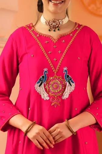 Peacock love fuschia pink a-shape mul chanderi 3 piece suit set