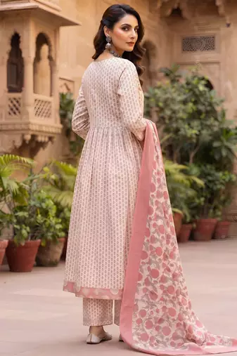 Off white floral printed cotton kurta set