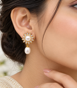 Certified natural freshwater pearls jewellery pearl drop earrings with cz floral stud, gold tone