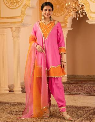 Pink & orange mul chanderi a-shape with farshi salwar 3 piece suit set 1