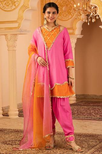 Pink & orange mul chanderi a-shape with farshi salwar 3 piece suit set
