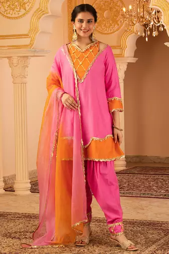 Pink & orange mul chanderi a-shape with farshi salwar 3 piece suit set