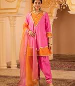 Pink & orange mul chanderi a-shape with farshi salwar 3 piece suit set