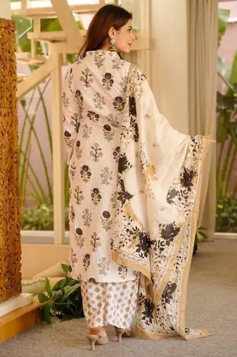 Cream cotton poly printed kurta set