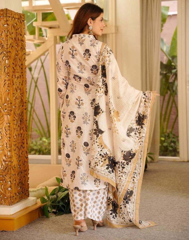 Cream cotton poly printed kurta set