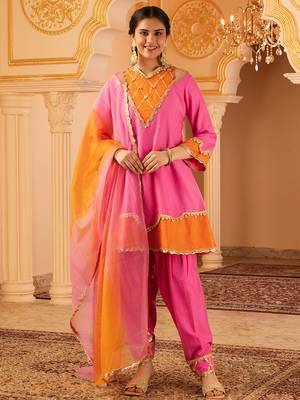 Pink & orange mul chanderi a-shape with farshi salwar 3 piece suit set 2