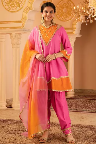 Pink & orange mul chanderi a-shape with farshi salwar 3 piece suit set