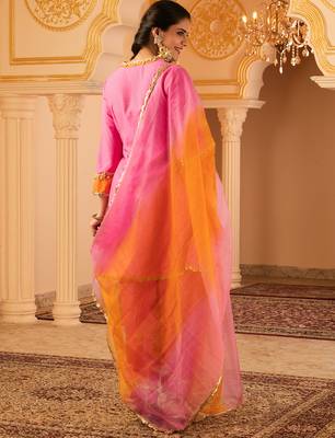 Pink & orange mul chanderi a-shape with farshi salwar 3 piece suit set 3