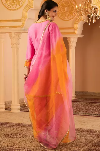 Pink & orange mul chanderi a-shape with farshi salwar 3 piece suit set