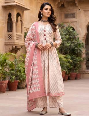Off white floral printed cotton kurta set 5