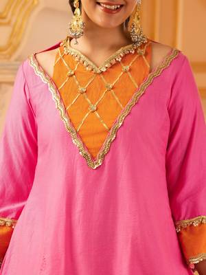 Pink & orange mul chanderi a-shape with farshi salwar 3 piece suit set 4