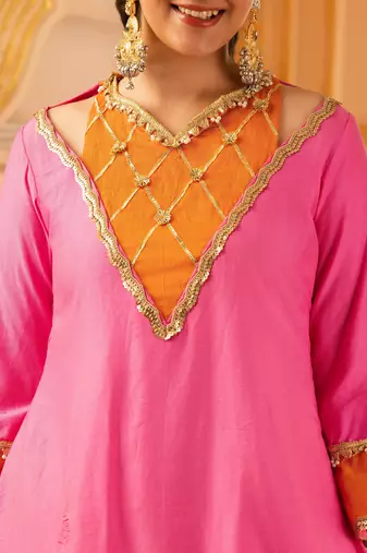 Pink & orange mul chanderi a-shape with farshi salwar 3 piece suit set