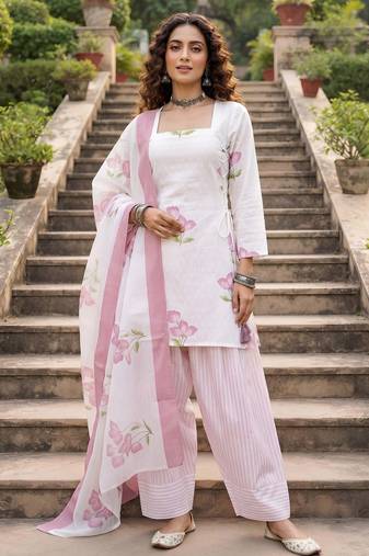White floral printed cotton kurta set