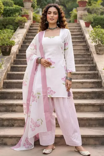 White floral printed cotton kurta set