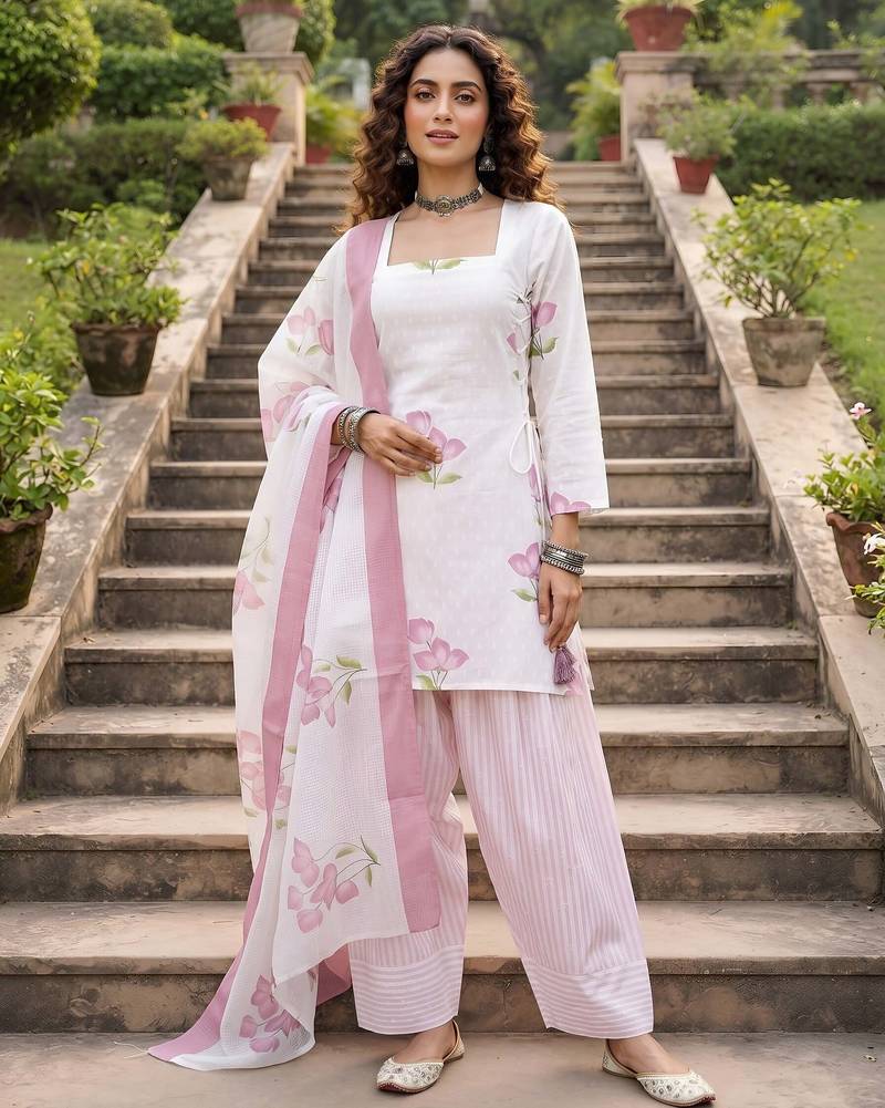 White floral printed cotton kurta set