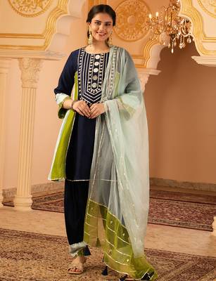 Navy blue mul chanderi a shape with farshi salwar 3 piece suit set 1