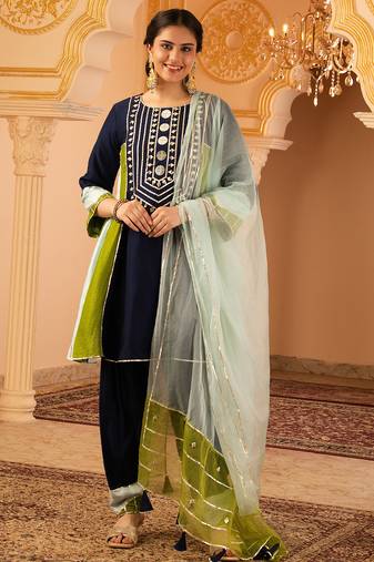 Navy blue mul chanderi a shape with farshi salwar 3 piece suit set